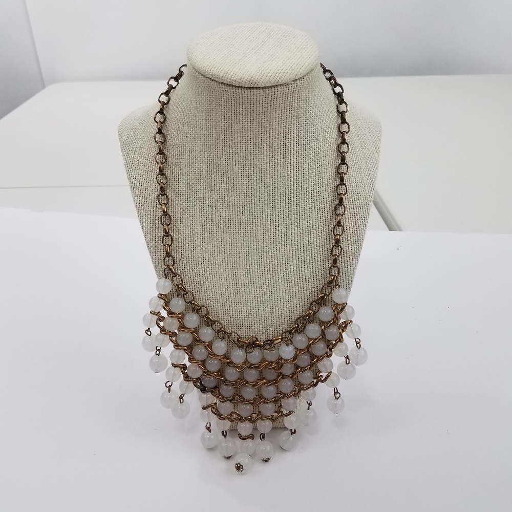 Statement Necklace White Beaded Gold Tone Dangle B